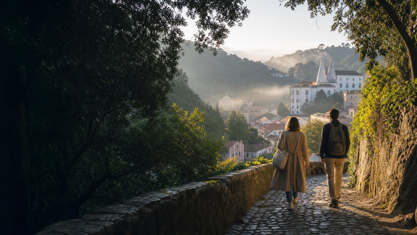 Viajantes a caminhar em Sintra numa manhã tranquila